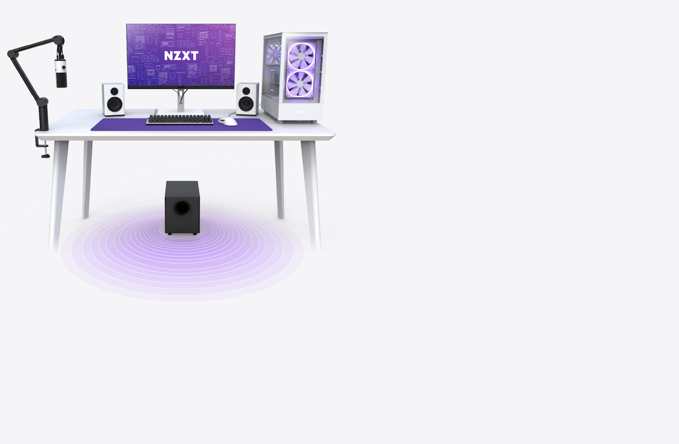 Ein Schreibtisch-Setup mit NZXT-Produkten, bei dem die Platzierung des Relay Subwoofers unter dem Schreibtisch hervorgehoben wird, wobei Audiowellen aus dem nach unten abstrahlenden Treiber kommen.